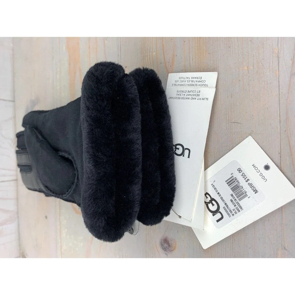 UGG black SHEEPSKIN EXPOSED SLIM TECH GLOVES WOMENS LARGE NWT - Picture 7 of 12